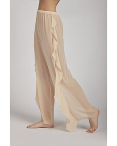 Pantalone morbido in georgette di seta con volant lungo i fianchi ed elastico in vita