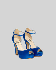 Platform open toe in raso bluette con cinturino alla caviglia e tacco 115 mm