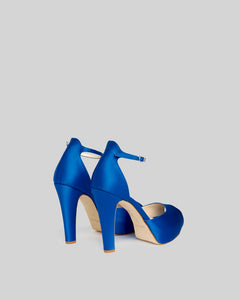 Platform open toe in raso bluette con cinturino alla caviglia e tacco 115 mm