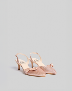 Décolleté slingback rosa cipria glitterate, fiocchetto, fodera in pelle, suola in cuoio, tacco 55 mm