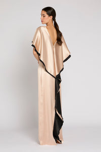 Antonio Riva Milano abito da cerimonia Mirage lungo sciancrato in satin bicolor con corpino arricchito da mantellina in satin rosa sul décolleté con rouches nere e profonda scollatura a V sul retro, Made in Italy