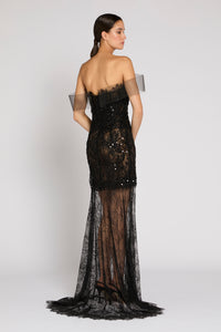 Antonio Riva Milano abito da cerimonia bustier lungo a sirena in pizzo valencienne nero con mini abito sovrapposto in pizzo ricamato nero, Made in Italy