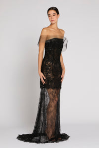 Antonio Riva Milano abito da cerimonia bustier lungo a sirena in pizzo valencienne nero con mini abito sovrapposto in pizzo ricamato nero, Made in Italy