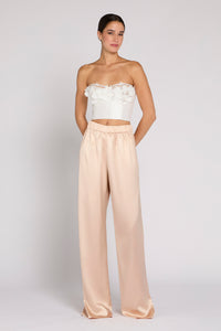 Antonio Riva Milano pantaloni da cerimonia Alissa dalla linea morbida in satin rosa con elastico in vita, Made in Italy