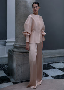 Antonio Riva Milano pantaloni da cerimonia Alissa dalla linea morbida in satin rosa con elastico in vita, Made in Italy