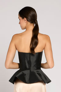 Antonio Riva Milano top Andromeda bustier in mikado nero con ricami tridimensionali, taglio in vita con balza svasata in fondo e chiusura con zip posteriore, Made in Italy