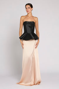 Antonio Riva Milano top Andromeda bustier in mikado nero con ricami tridimensionali, taglio in vita con balza svasata in fondo e chiusura con zip posteriore, Made in Italy