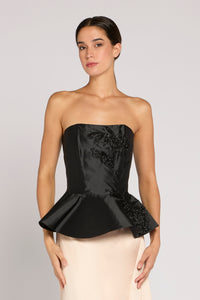 Antonio Riva Milano top Andromeda bustier in mikado nero con ricami tridimensionali, taglio in vita con balza svasata in fondo e chiusura con zip posteriore, Made in Italy