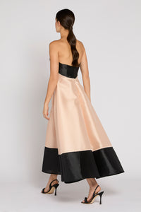 Antonio Riva Milano abito da cerimonia Margaret bustier midi in mikado bicolor con impunture tono su tono, corpino con scollo a sorriso in mikado nero e gonna ampia in mikado rosa con sfondi piega e bordo a contrasto nero, Made in Italy