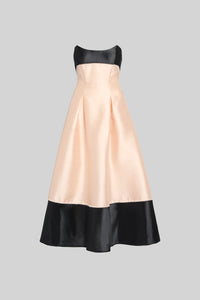 Antonio Riva Milano abito da cerimonia Margaret bustier midi in mikado bicolor con impunture tono su tono, corpino con scollo a sorriso in mikado nero e gonna ampia in mikado rosa con sfondi piega e bordo a contrasto nero, Made in Italy