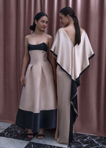 Antonio Riva Milano abito da cerimonia Margaret bustier midi in mikado bicolor con impunture tono su tono, corpino con scollo a sorriso in mikado nero e gonna ampia in mikado rosa con sfondi piega e bordo a contrasto nero, Made in Italy
