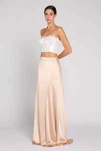 Antonio Riva Milano gonna da cerimonia Phyllis svasata in crepe satin rosa con leggero strascico e dettagli di nervature a raggiera davanti e dietro, Made in Italy