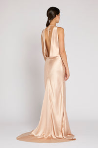Antonio Riva Milano abito da cerimonia Salomé lungo in satin rosa con corpino halter-neck, profonda apertura sul retro con fiocchetto, gonna scivolata con leggero strascico, Made in Italy