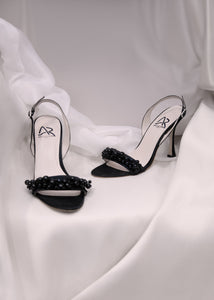 Antonio Riva Milano Smeraldo sandali da cerimonia in raso nero con perle e cinturino slingback, tacco 95 mm, interno in pelle e suola in cuoio, Made in Italy
