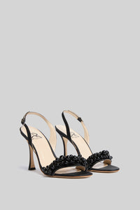 Antonio Riva Milano Smeraldo sandali da cerimonia in raso nero con perle e cinturino slingback, tacco 95 mm, interno in pelle e suola in cuoio, Made in Italy