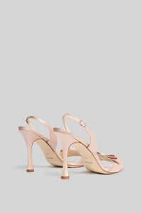 Antonio Riva Milano Smeraldo sandali da cerimonia in raso rosa con fiocco piatto e cinturino slingback, tacco 95 mm, interno in pelle e suola in cuoio, Made in Italy